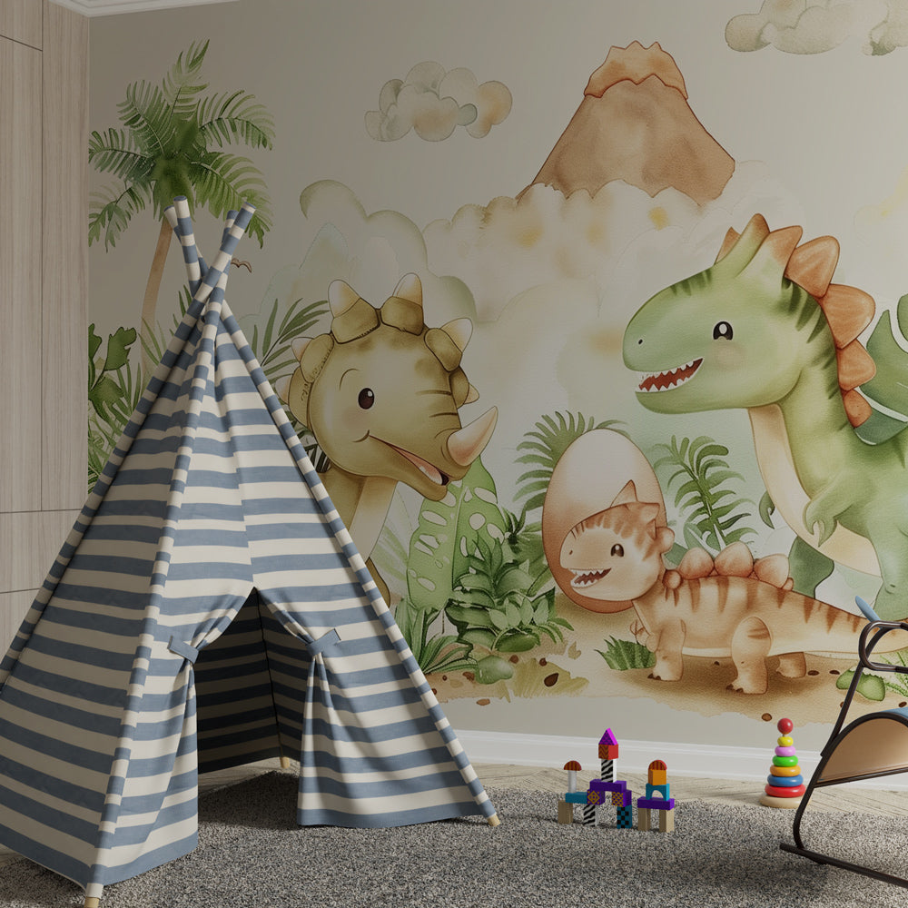 Colorful dinosaur wallpaper creating adventurous kids bedroom with jungle elements