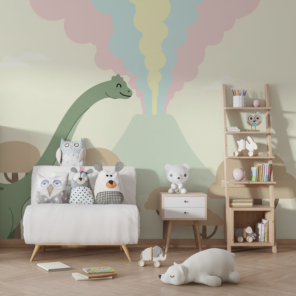 Prehistoric dinosaur wallpaper creating adventurous kids bedroom atmosphere with pastel colors