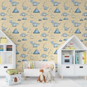 Pastel dinosaur wallpaper with blue dinos and mountains decorating children's bedroom space