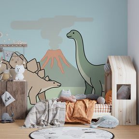 Blue dinosaur wall mural transforming kids bedroom into Jurassic adventure space