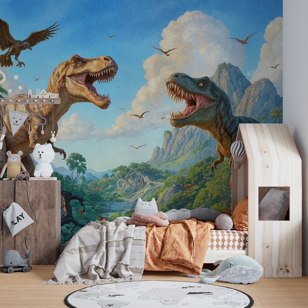 Educational dinosaur mural wallpaper with tropical jungle scene for kids room by Kids-Mundo