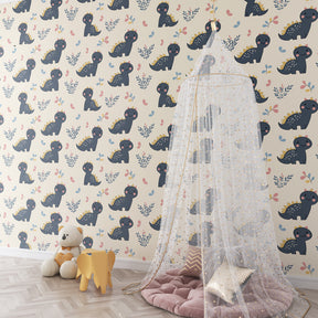 Baby dinosaur wallpaper creating playful kids bedroom atmosphere with soft pastel colors
