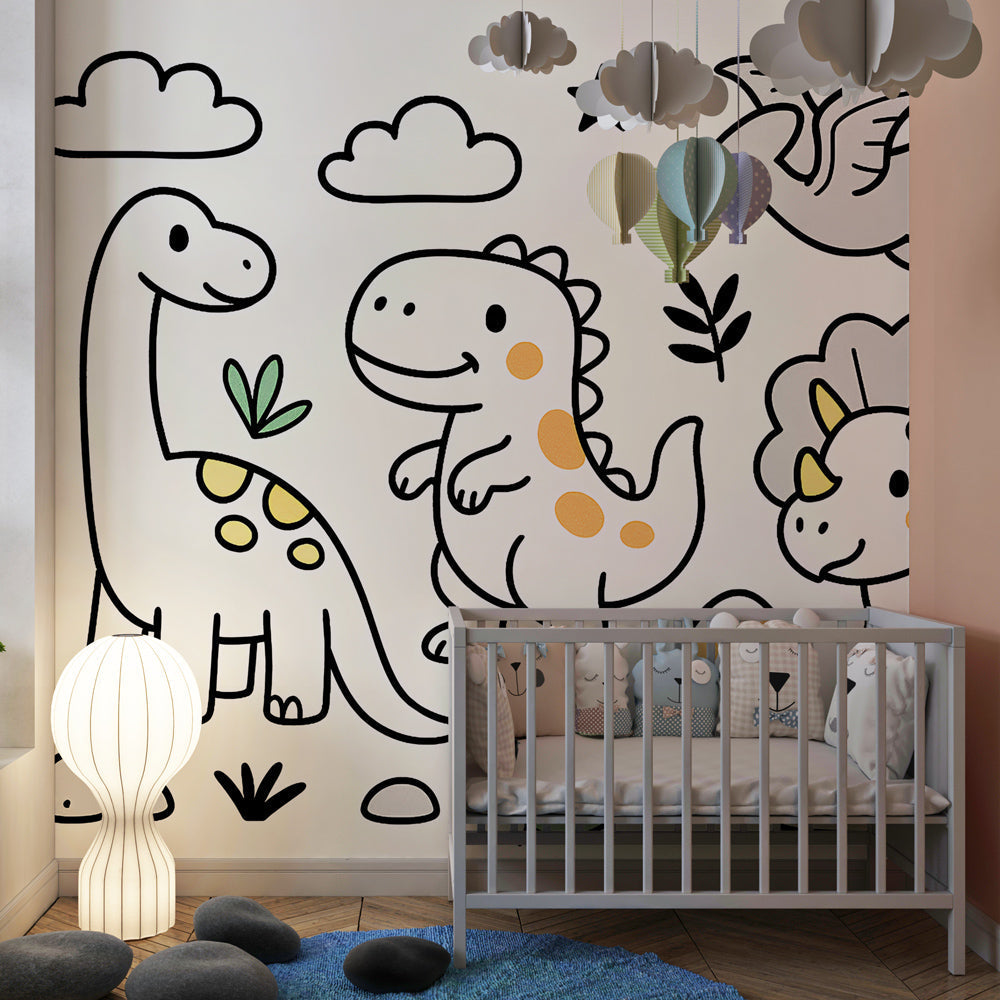 Prehistoric dinosaur wallpaper creating adventurous kids bedroom atmosphere with T-rex and triceratops