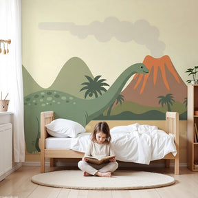 Dinosaur mural wallpaper with brontosaurus and volcano in modern kids bedroom by Kids-Mundo