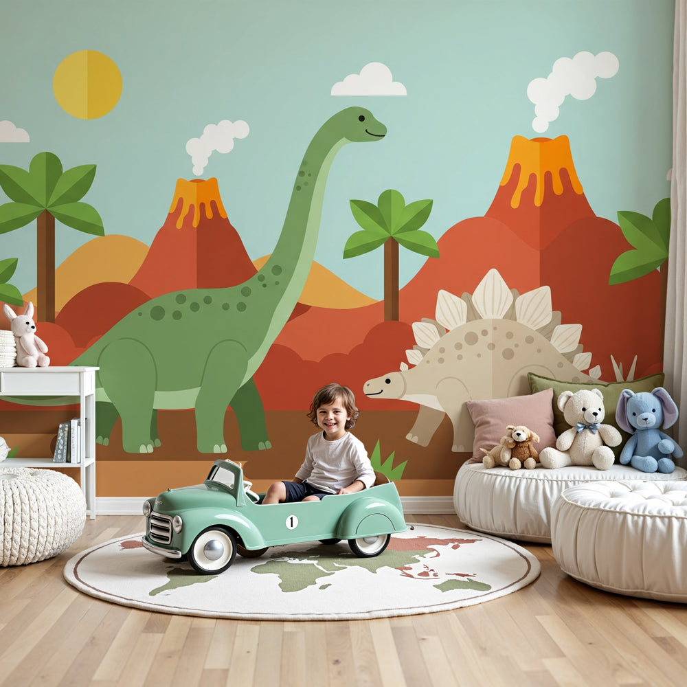 Dinosaur mural wallpaper with volcanoes decorating modern kids bedroom by Kids-Mundo
