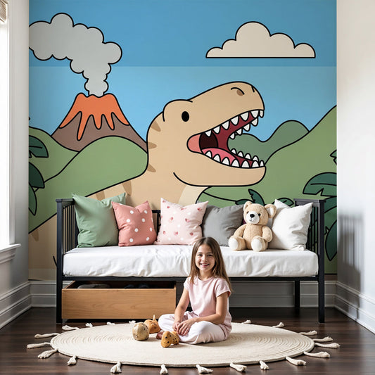 Happy T-Rex dinosaur mural wallpaper creating prehistoric adventure theme in kids bedroom by Kids-Mundo