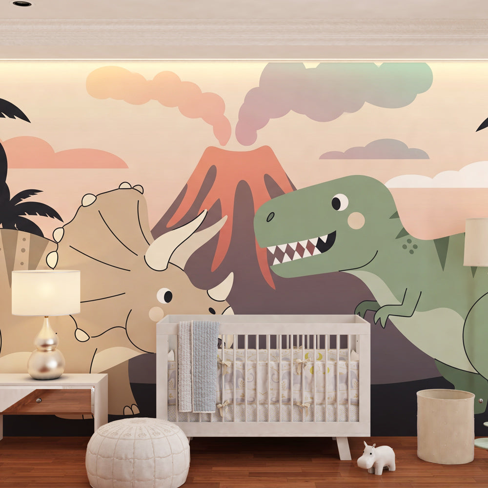 Friendly dinosaur wallpaper with T-Rex and triceratops decorating children's bedroom wall