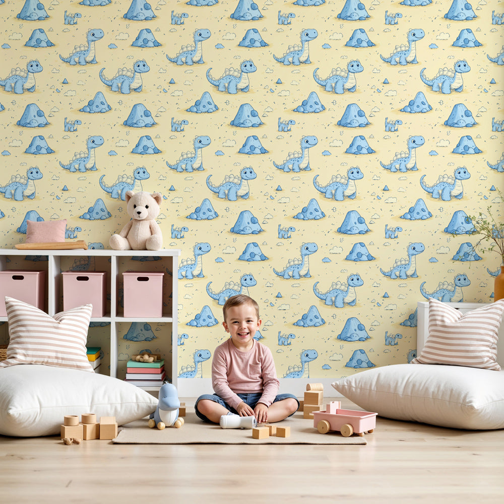 Blue dinosaur mural wallpaper in modern kids nursery with pastel decor by Kids-Mundo