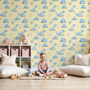 Blue dinosaur mural wallpaper in modern kids nursery with pastel decor by Kids-Mundo