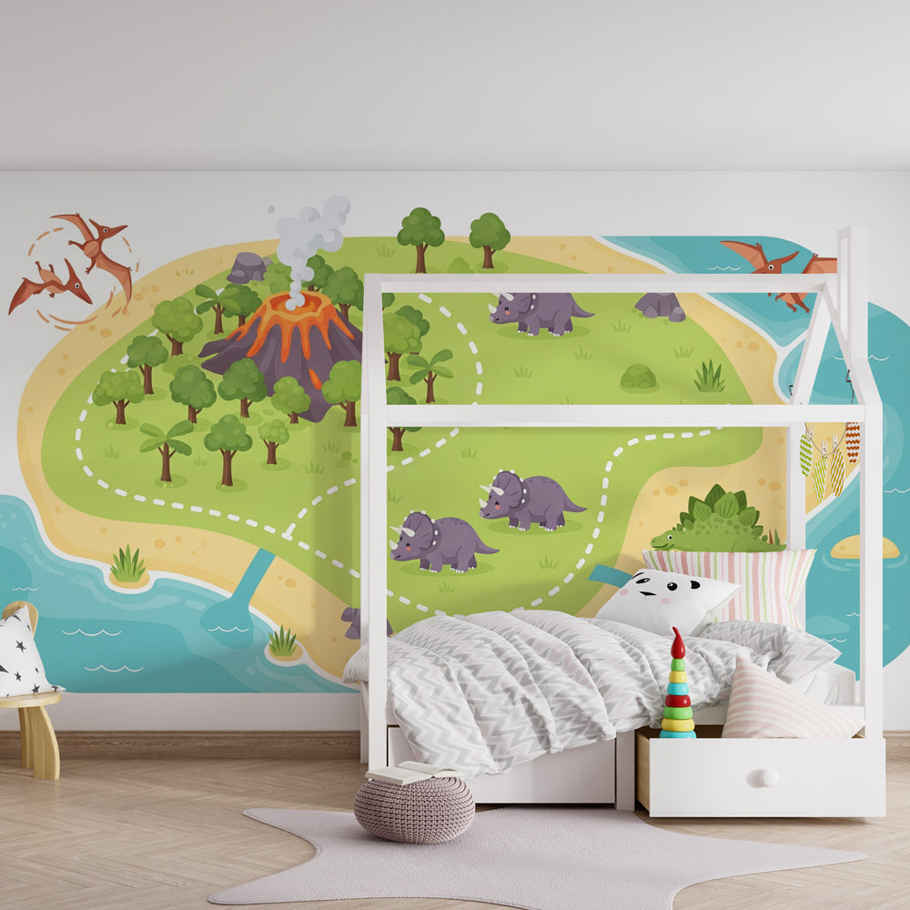 Prehistoric dinosaur wallpaper creating adventure-themed boys bedroom decor with volcano and jungle