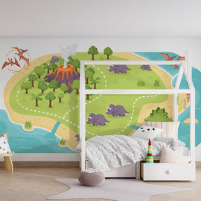 Prehistoric dinosaur wallpaper creating adventure-themed boys bedroom decor with volcano and jungle