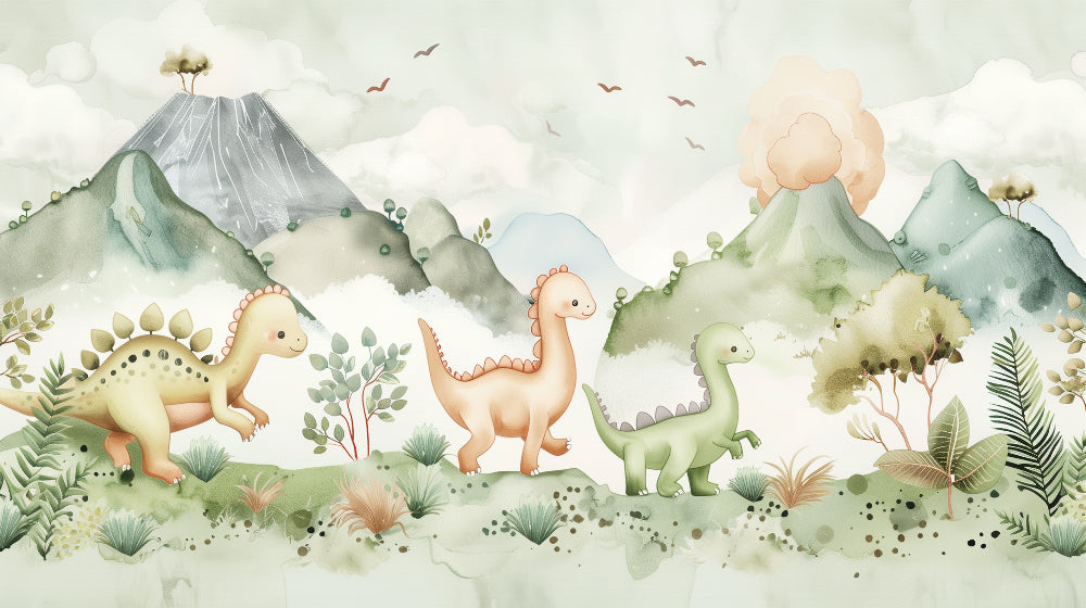 Detailed happy dinosaur mural wallpaper design pattern with pastel volcanoes by Kids-Mundo
