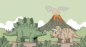 Detailed dinosaur mural wallpaper design pattern showing stegosaurus and volcano scene by Kids-Mundo