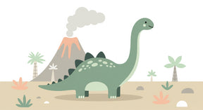 Detailed dinosaur and volcano mural wallpaper design pattern showing prehistoric landscape by Kids-Mundo