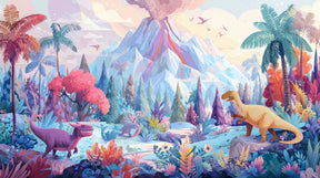 Detailed tropical dinosaur volcanic jungle mural wallpaper design pattern by Kids-Mundo