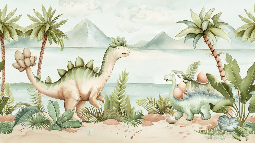 Detailed dinosaur mural wallpaper design pattern with tropical landscape by Kids-Mundo