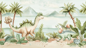 Detailed dinosaur mural wallpaper design pattern with tropical landscape by Kids-Mundo