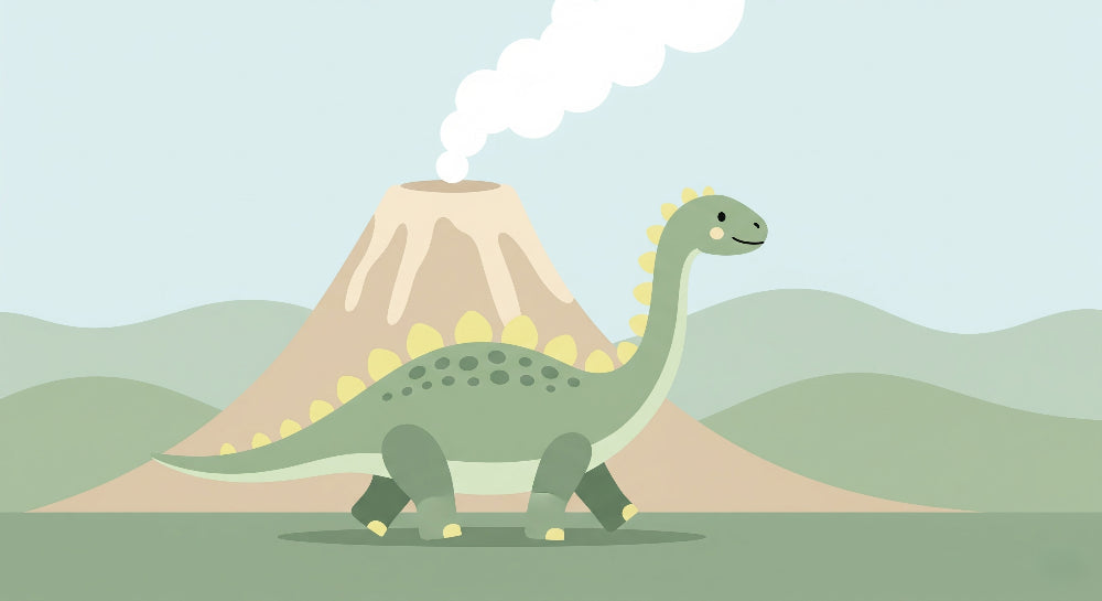Detailed happy dinosaur and volcano mural wallpaper design pattern by Kids-Mundo for children's rooms