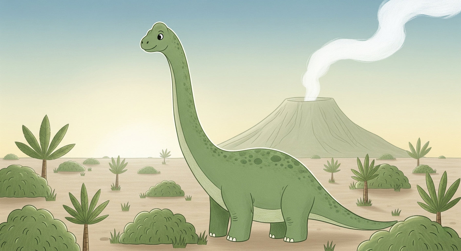 Detailed happy dinosaur mural wallpaper design pattern with volcano and tropical vegetation by Kids-Mundo