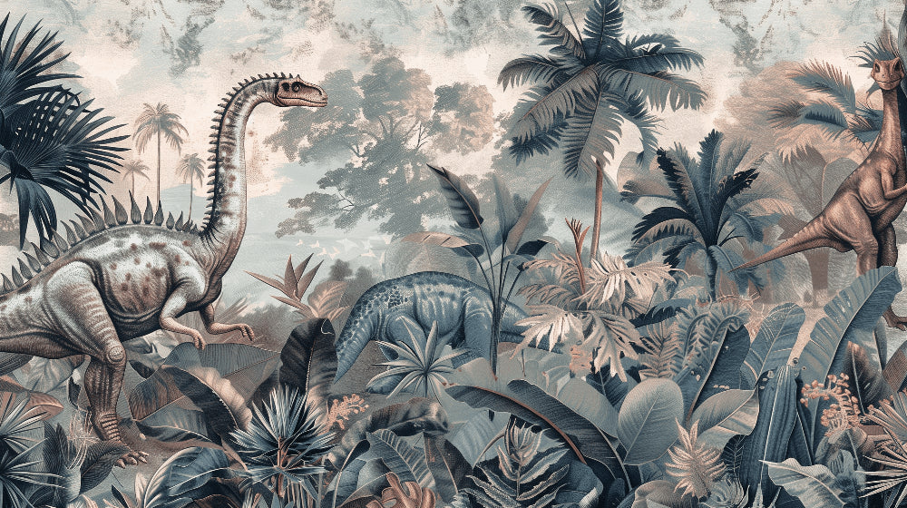 Detailed dinosaur jungle mural wallpaper design pattern showing prehistoric creatures by Kids-Mundo