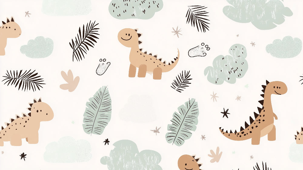 Detailed cute dinosaur mural wallpaper design pattern with jungle elements by Kids-Mundo
