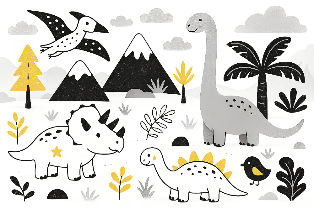 Detailed dinosaur mural wallpaper design pattern with prehistoric creatures and botanical elements by Kids-Mundo