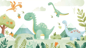 Detailed happy dinosaur mural wallpaper design pattern with green landscape by Kids-Mundo
