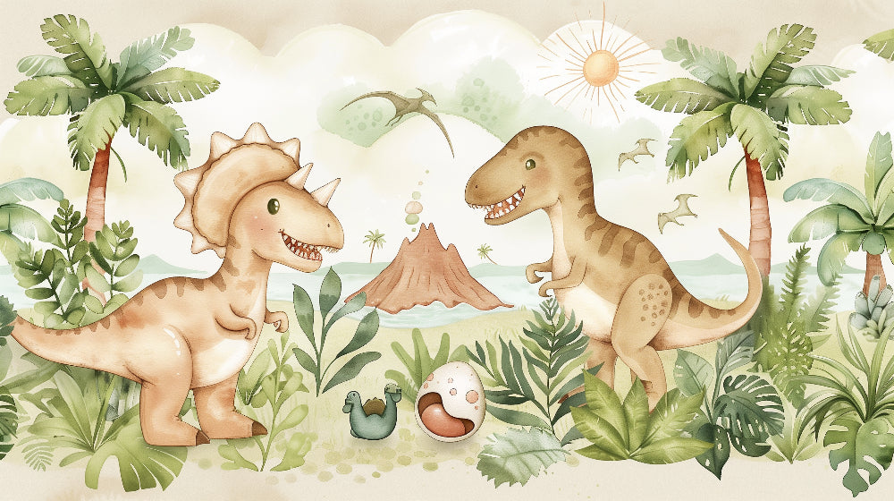 Detailed dinosaur jungle mural wallpaper design pattern featuring T-Rex and Triceratops by Kids-Mundo