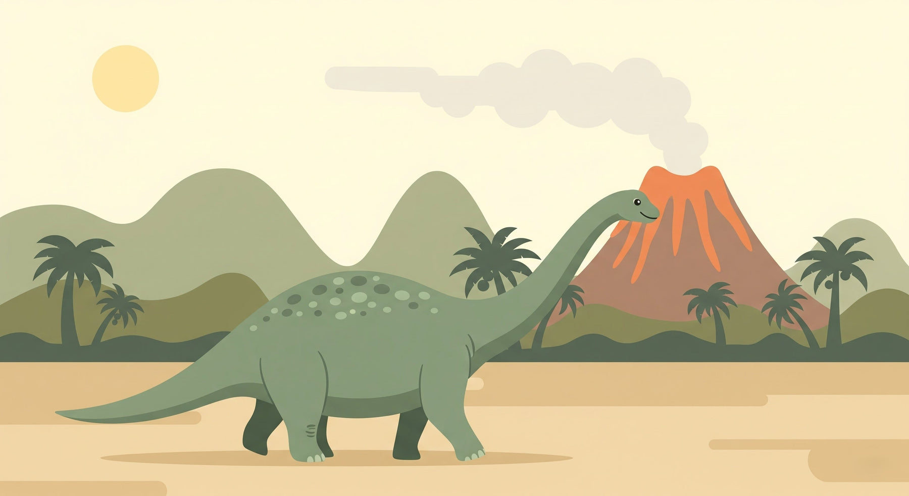 Detailed dinosaur mural wallpaper design pattern showing brontosaurus and volcanic landscape by Kids-Mundo