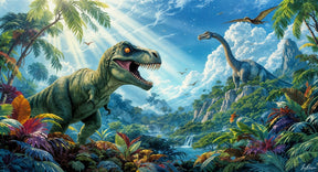Detailed dinosaur mural wallpaper design pattern showing Jurassic landscape with tropical foliage by Kids-Mundo