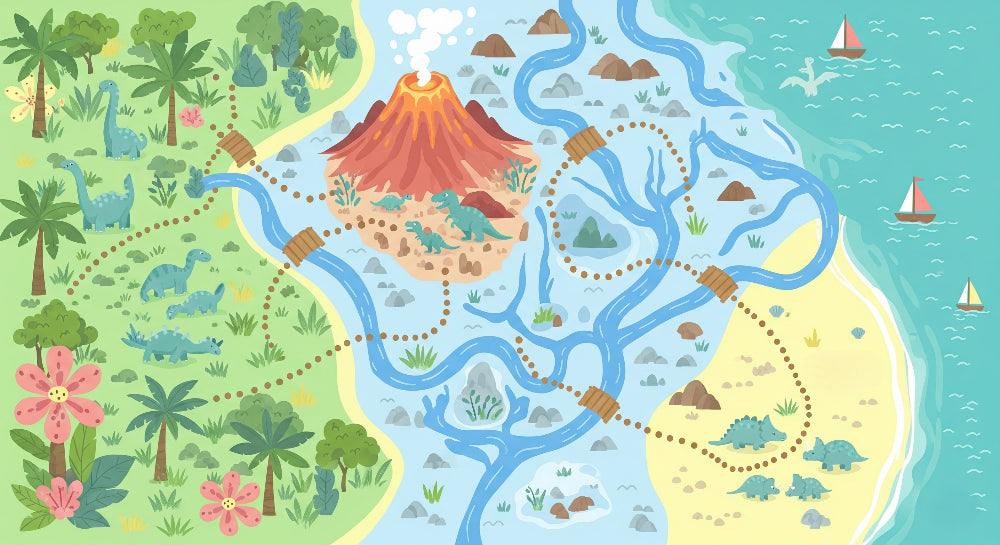 Detailed prehistoric dinosaur mural wallpaper design pattern with volcano and tropical flora by Kids-Mundo