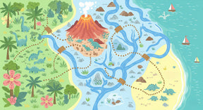 Detailed prehistoric dinosaur mural wallpaper design pattern with volcano and tropical flora by Kids-Mundo