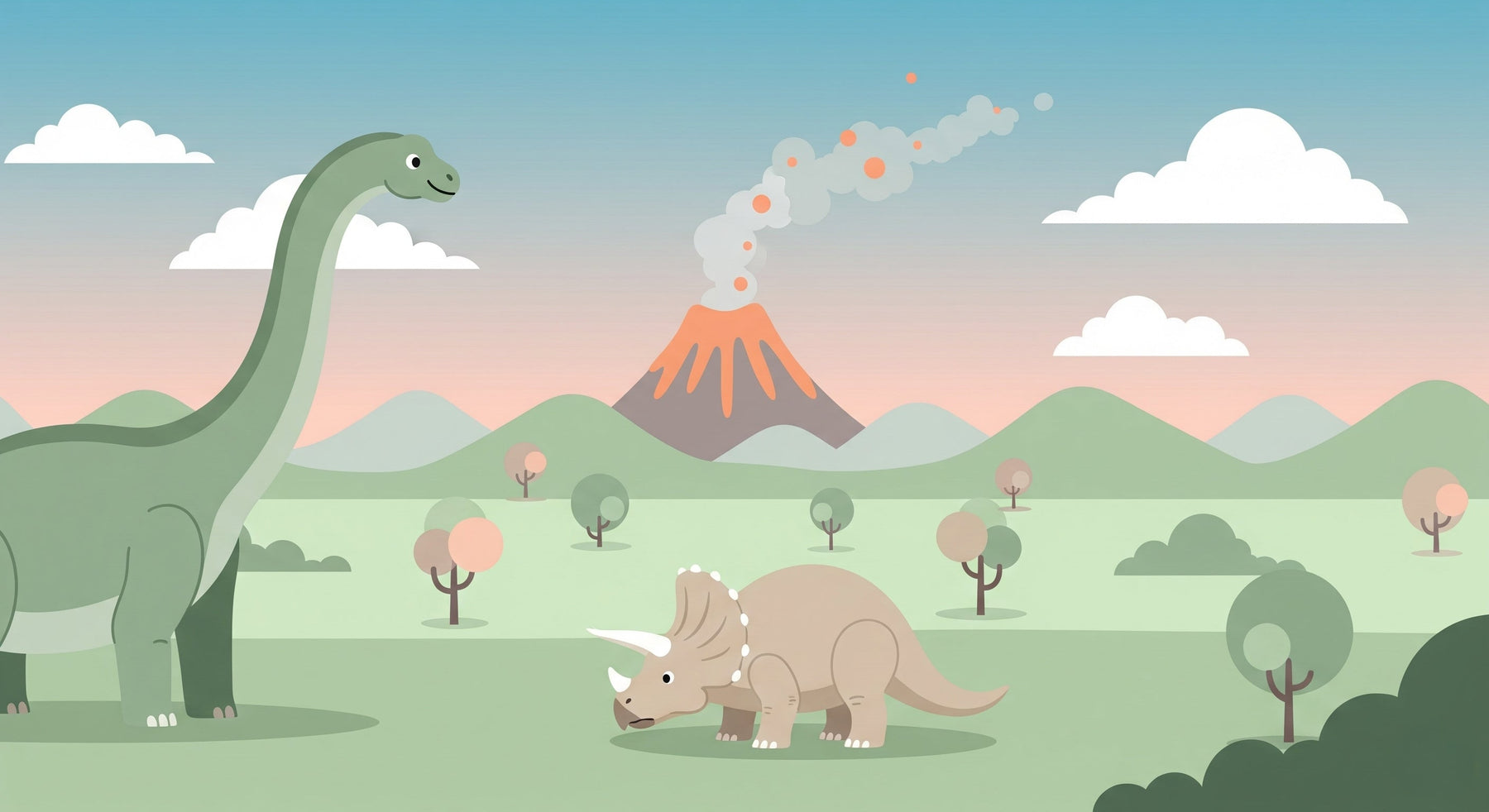 Detailed prehistoric dinosaur mural wallpaper design pattern featuring brontosaurus and volcano by Kids-Mundo