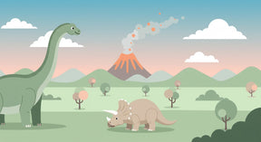 Detailed prehistoric dinosaur mural wallpaper design pattern featuring brontosaurus and volcano by Kids-Mundo