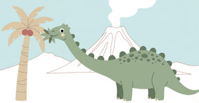 Detailed prehistoric dinosaur mural wallpaper design pattern featuring volcano and tropical elements by Kids-Mundo