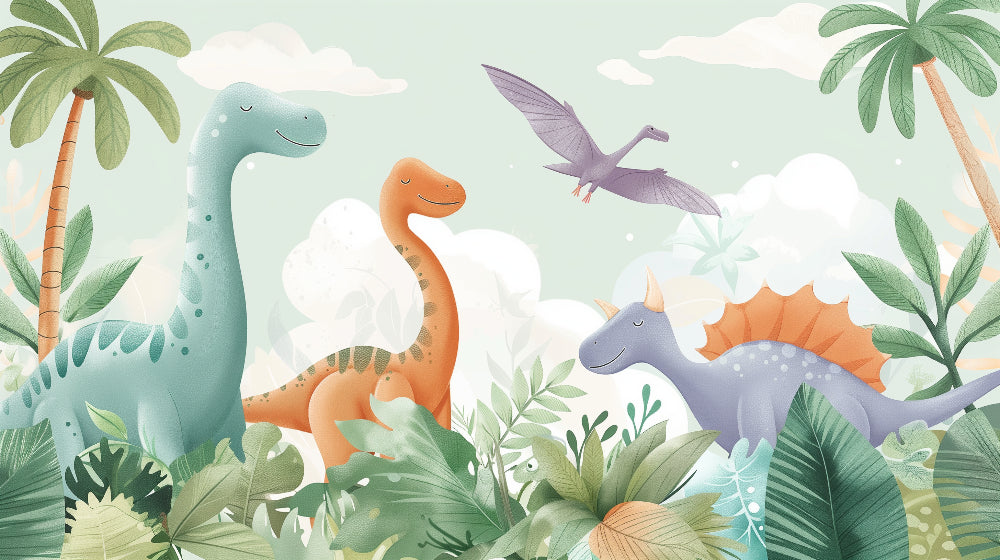 Detailed colorful dinosaur mural wallpaper design pattern with lush vegetation by Kids-Mundo