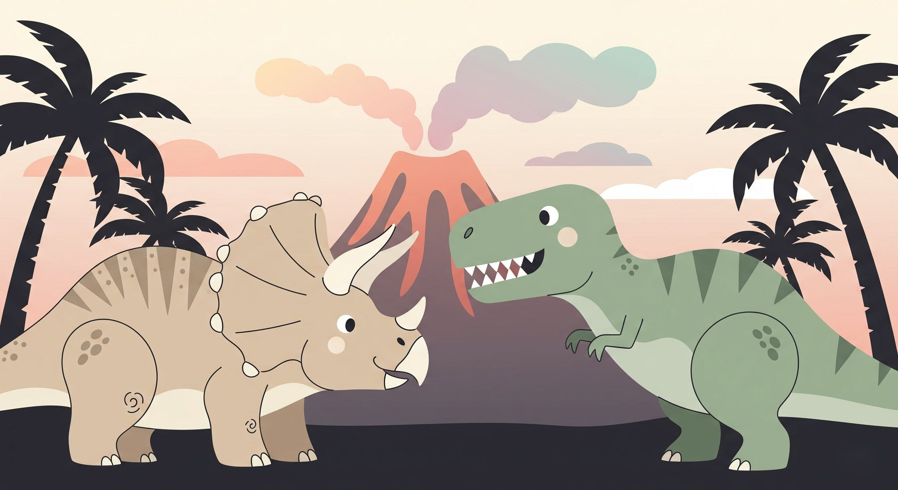Detailed prehistoric dinosaur mural wallpaper design pattern with T-Rex triceratops and volcano by Kids-Mundo