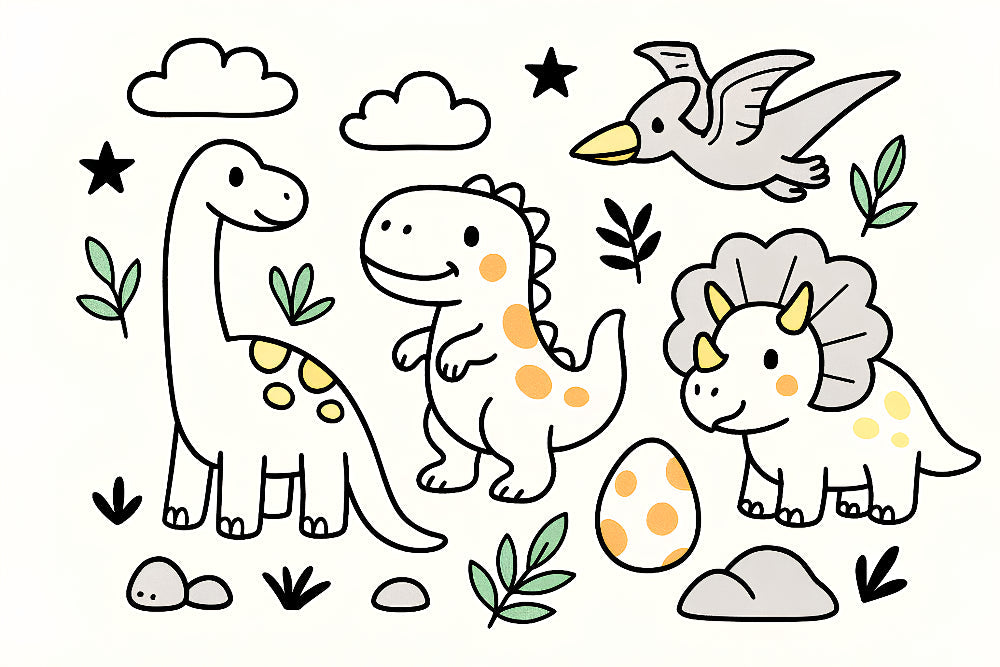 Detailed dinosaur mural wallpaper design pattern featuring brontosaurus T-rex and tropical foliage by Kids-Mundo
