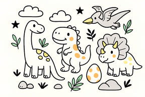 Detailed dinosaur mural wallpaper design pattern featuring brontosaurus T-rex and tropical foliage by Kids-Mundo