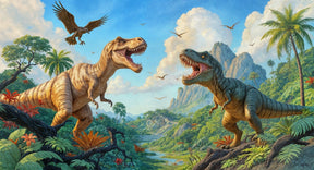 Detailed prehistoric dinosaur mural wallpaper design pattern with jungle landscape by Kids-Mundo