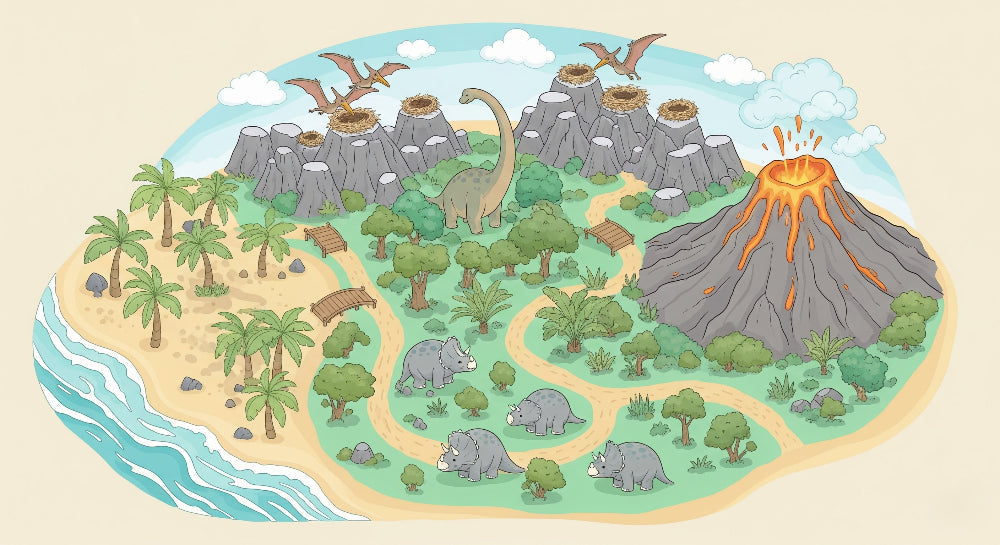 Detailed prehistoric island dinosaur mural wallpaper design pattern with volcano by Kids-Mundo