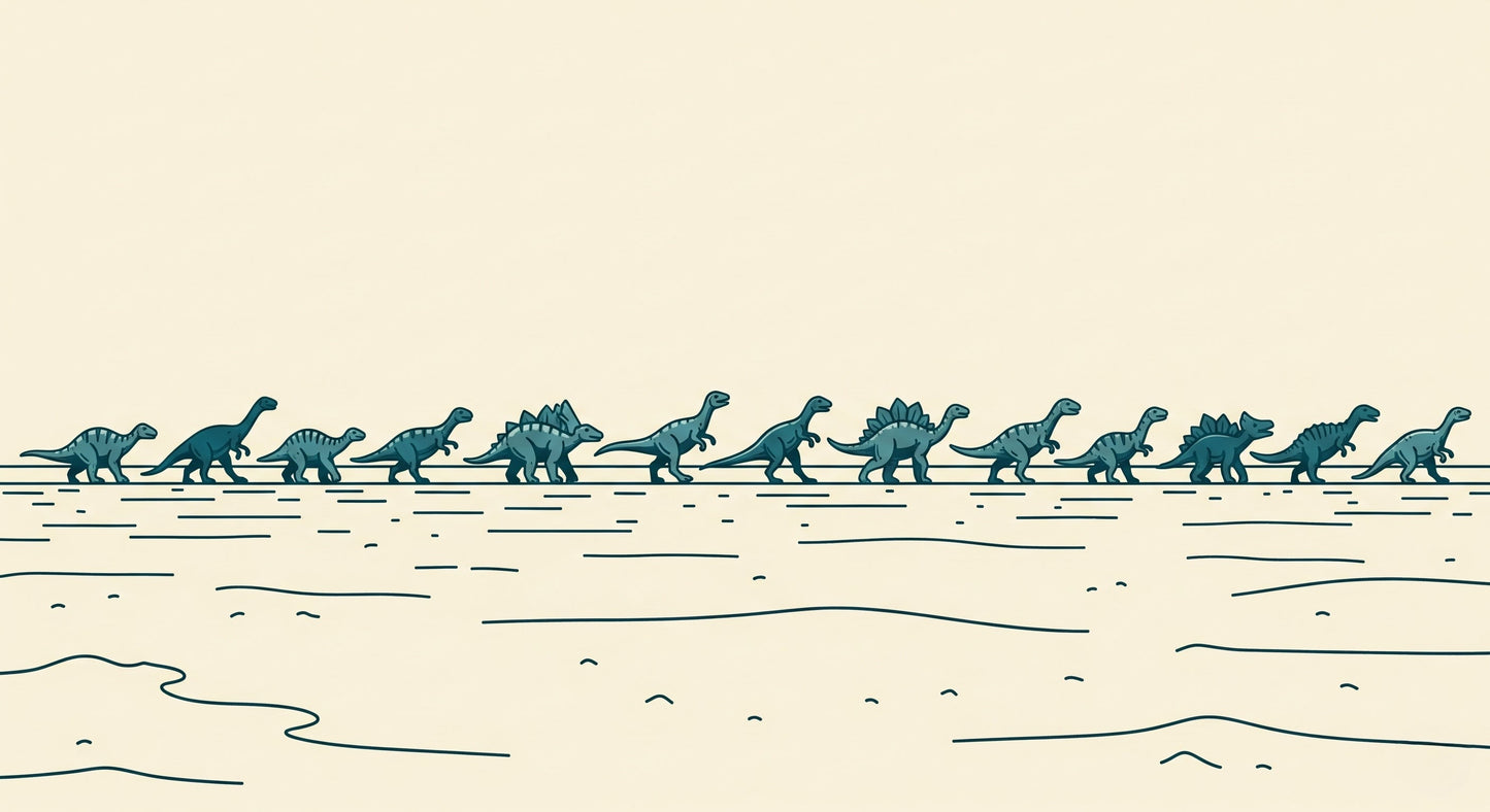 Detailed dinosaur parade mural wallpaper design pattern showing brontosaurus and stegosaurus by Kids-Mundo