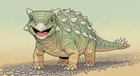 Detailed smiling dinosaur mural wallpaper design pattern with prehistoric landscape by Kids-Mundo