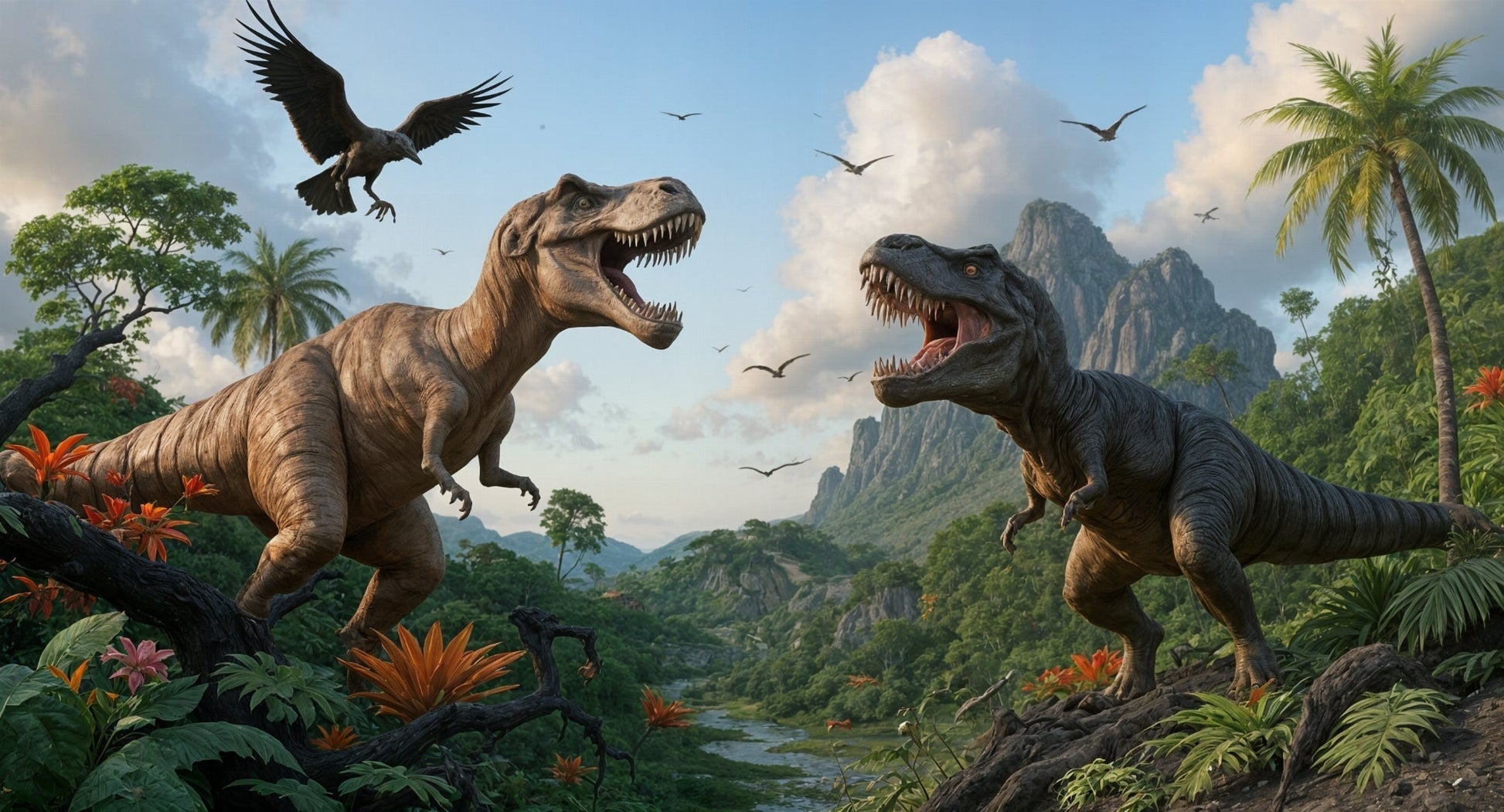 Detailed T-Rex dinosaur mural wallpaper design pattern with tropical Jurassic landscape by Kids-Mundo