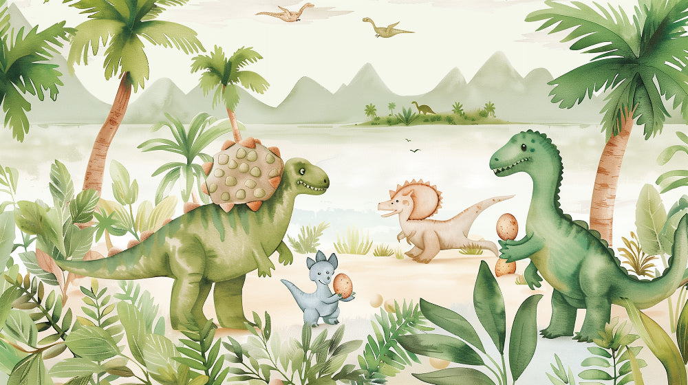 Detailed friendly dinosaur mural wallpaper design pattern with diplodocus and pterosaurs by Kids-Mundo