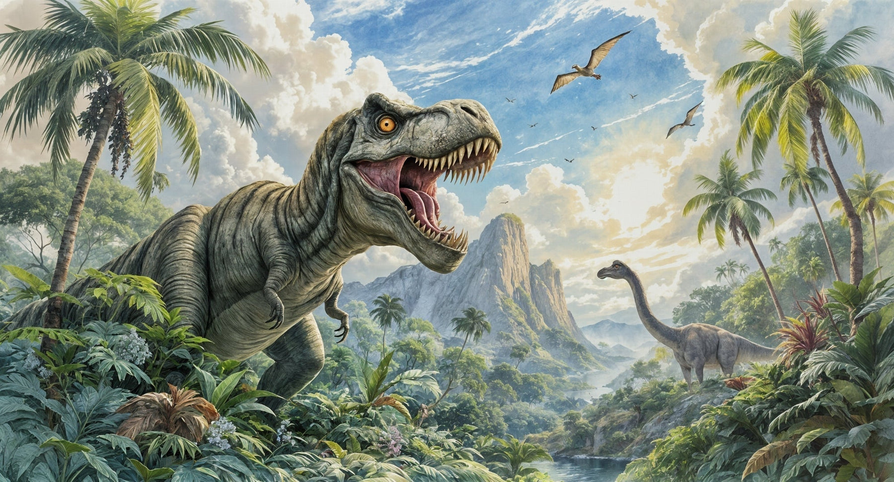 Detailed dinosaur mural wallpaper design pattern with T-rex and tropical jungle by Kids-Mundo