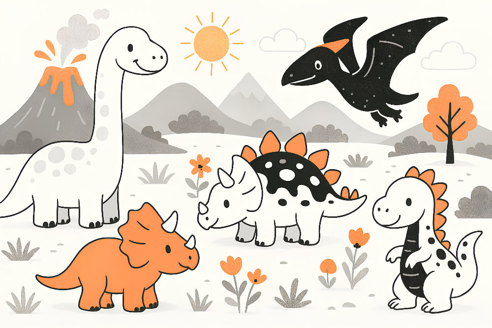 Detailed dinosaur mural wallpaper design pattern showing friendly prehistoric creatures by Kids-Mundo