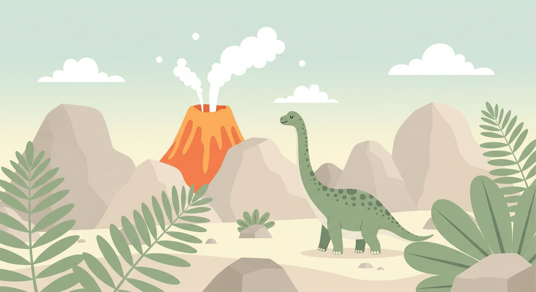 Detailed dinosaur mural wallpaper design pattern featuring diplodocus and volcanic landscape by Kids-Mundo