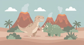 Detailed dinosaur mural wallpaper design pattern featuring T-Rex and volcanic landscape by Kids-Mundo