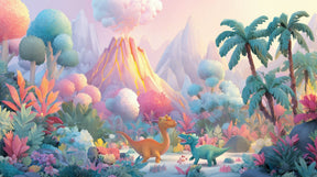 Detailed dinosaur mural wallpaper design pattern featuring friendly prehistoric creatures and tropical volcano scene by Kids-Mundo